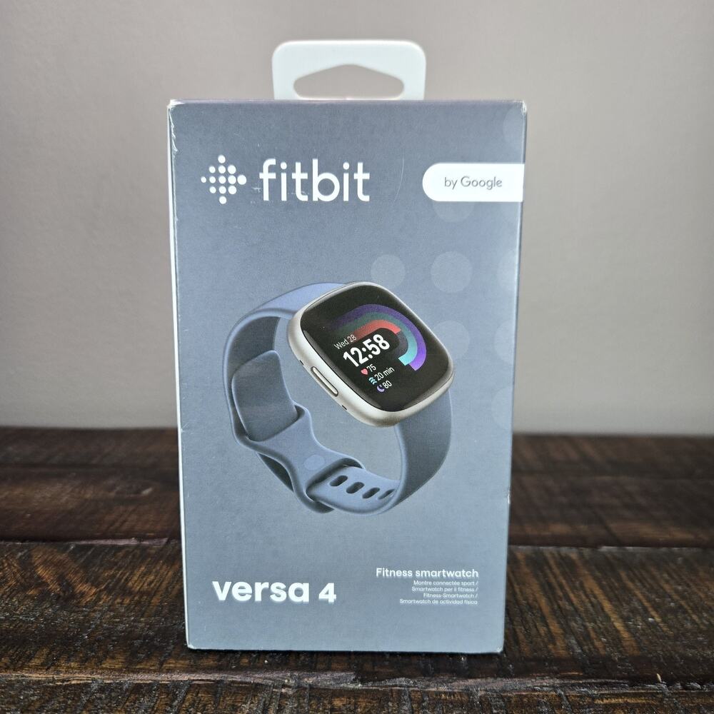 Fitbit Versa 4 Smartwatch Platinum Aluminum Waterfall Blue Band Small & Large